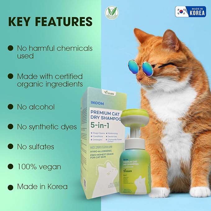 Korean Vegan Cat Dry Shampoo 300ml – Waterless Natural Foam Cleanser for a Kitten to Adult Cats,Soothing Damaged Skin, Removing Odors & Dander Reducing – Gentle & Waterless – Made in Korea