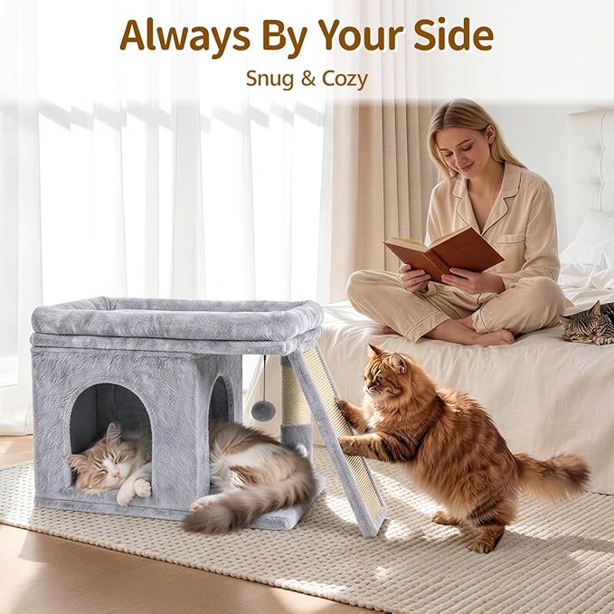 Cat Tree Tower Bed with Scratching Post for Indoor, Heavy Duty Small Stand House Condo for Large Cats & Kittens, Platform Perch Hideout Climb Rest Area, Modern Sturdy Furniture, Light Gray