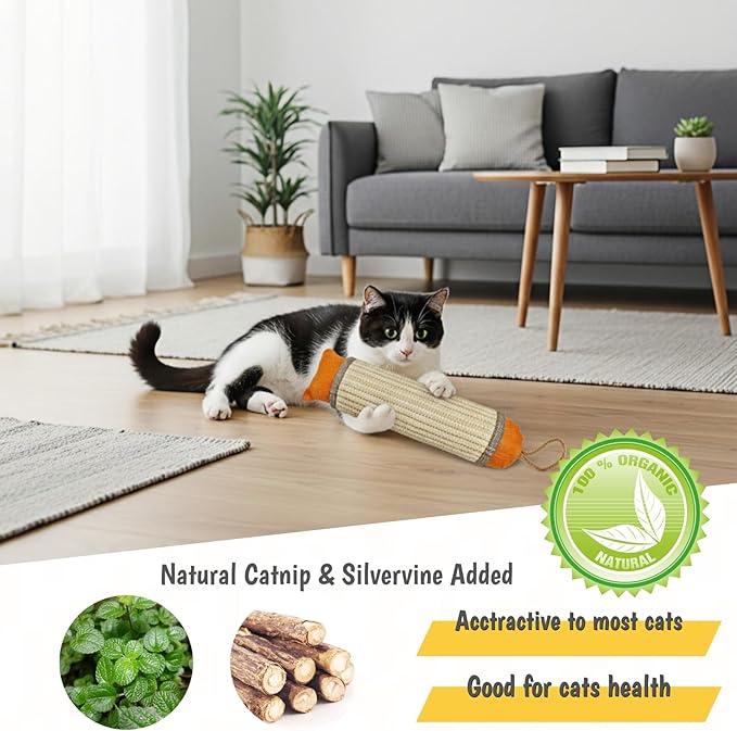 Catnip Cat Kicker Toy, 10 Inch Long Cat Scratcher Post, Natural Sisal Toy for Indoor Cats(Oranger and Silver)