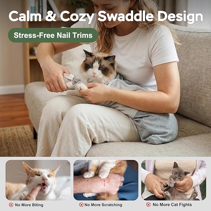 Cat Wrap for Cutting Nails, Self-Adhesive Cat Nail Clipping Restraint Bag, Anti-Scratch Cat Grooming Wrap Swaddle for Meds, SubQ Fluids, Ear Cleaning, Teeth Brushing & Vet Visits,Grey,S