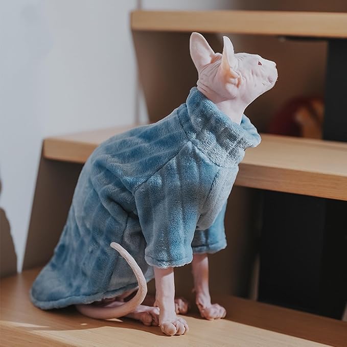 Turtleneck Sweater for Sphynx Cat Soft Coral Fleece Cat Clothes Thick Winter Warm Outfit Coat for Hairless Cats and Small Dogs Apparel with Sleeves (Blue, XL (9-13 lbs))