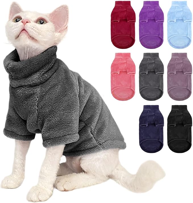 Turtleneck Sweater Coat for Cats, Sphynx Cat Clothes Pajamas for Cats Only, Kitten Fleece Pullover Sweaters with Sleeves, Pet Warm Jumpsuit Cat Sweatshirt for Cold Weather, Grey S