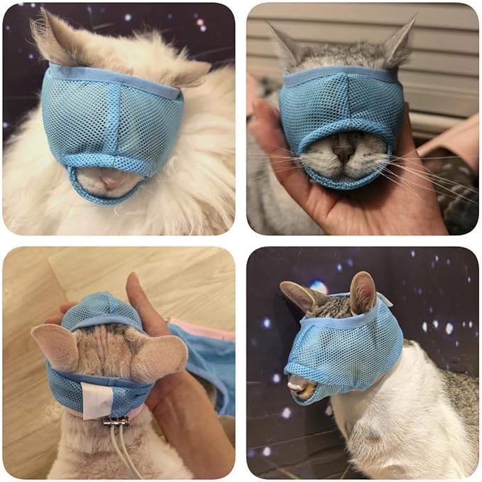 PUMYPOREITY 2 Pack Soft Cat Head Cover, Breathable Mesh Calming Muzzle with Adjustable Fit, Anti-Bite Protection for Cats During Grooming, Nail Trimming, Bathing and Vet Visits, M, Blue