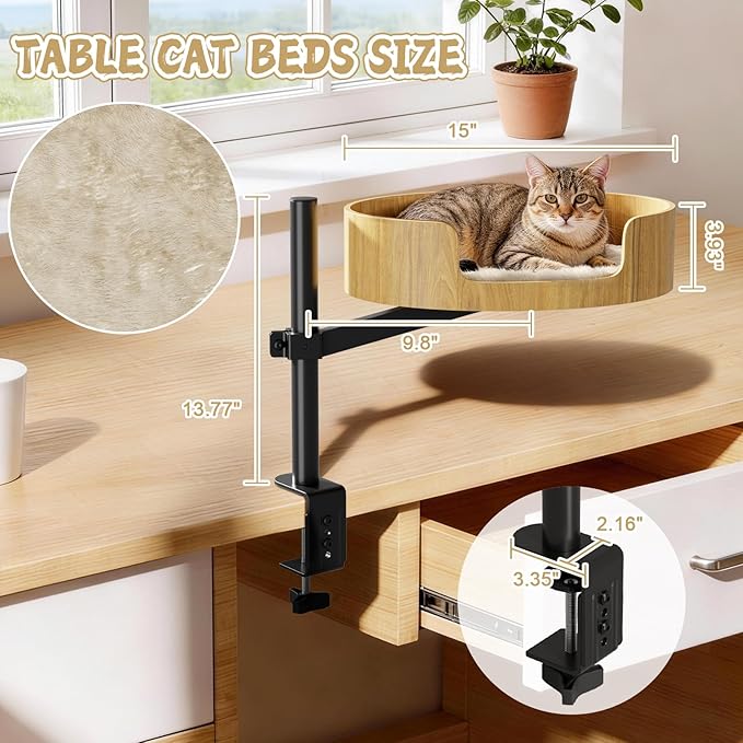 Spacocld Cat Desk Bed – Cat Bed for Indoor Cats with Adjustable Height&360° Rotation, Elevated Desk Cats Beds for Table, Desktop Cat's Hammock for Small Space, Wooden Cat's Bed Desktop Kitten