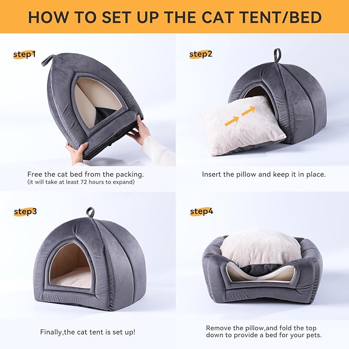 KASENTEX Cat Bed for Indoor Cats, 2-in-1 Cat House Pet Bed and Pet Supplies for Kitten and Small Cat or Dog - Animal Cave, Cat Tent with Removable Machine Washable Pillow Cushion (Grey 15x15x15)