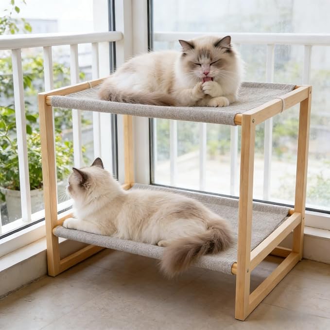 2 Layer Cat Hammock Bed, Pine Wood Bunk Bed for Cats with Removable Washable Cover, 45 lbs/Tier Capacity, Elevated Pet Bed Includes Tools & Toys (23.6" x 16.5" x 13")