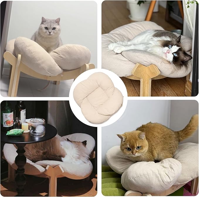 PACHIRA Elevated Cat Bed Wooden, Cat Couch Fluffy, Cat Sofa Flower for Indoor Cats, Raised Cat Bed with Washable Fluffy Cushion and Birch Wood, Cat Chair for Kitty and Puppy, Cat Furniture (White)