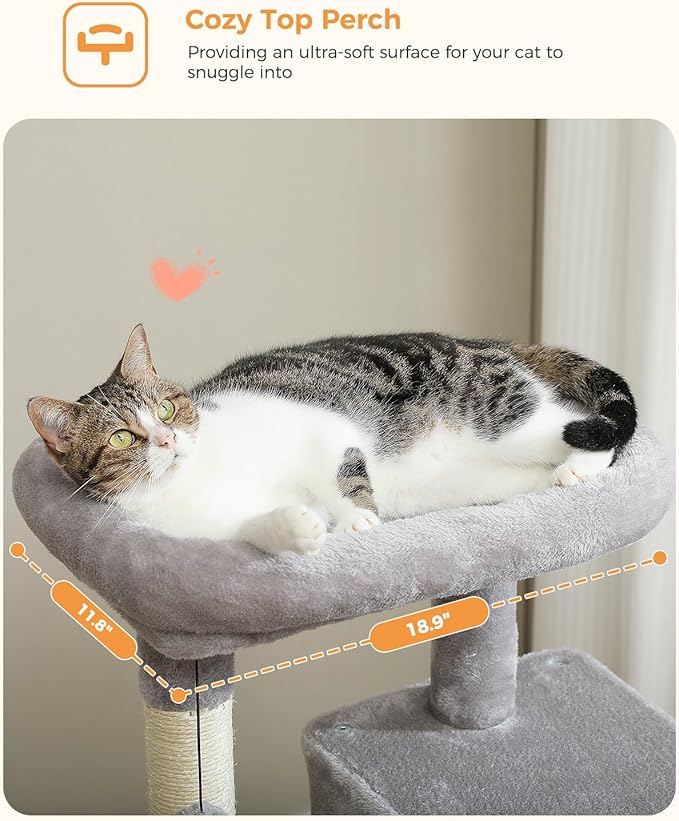 MUTTROS Cat Tree for Indoor Cats, 45.7" Multi-Level Cat Tower with Large Metal Frame Hammock, Cat Condo with 4 Scratching Posts and Top Perch for Small Medium Kitty, Grey
