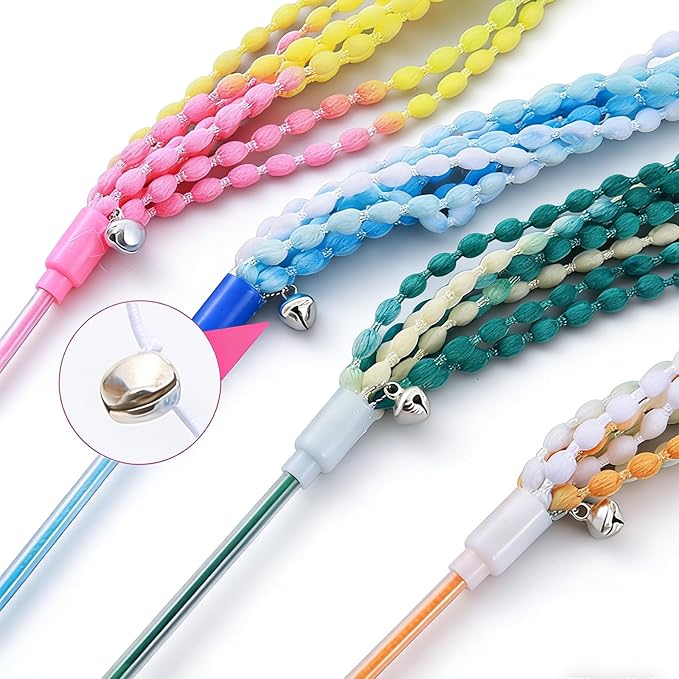KABASI Cat Wand Toys, 4PCS Interactive Plush Srtip Cats String Teasing Stick with Bells for Kitten, Colorful Sturdy Pole Cat Toys for Having Fun Indoor Playing