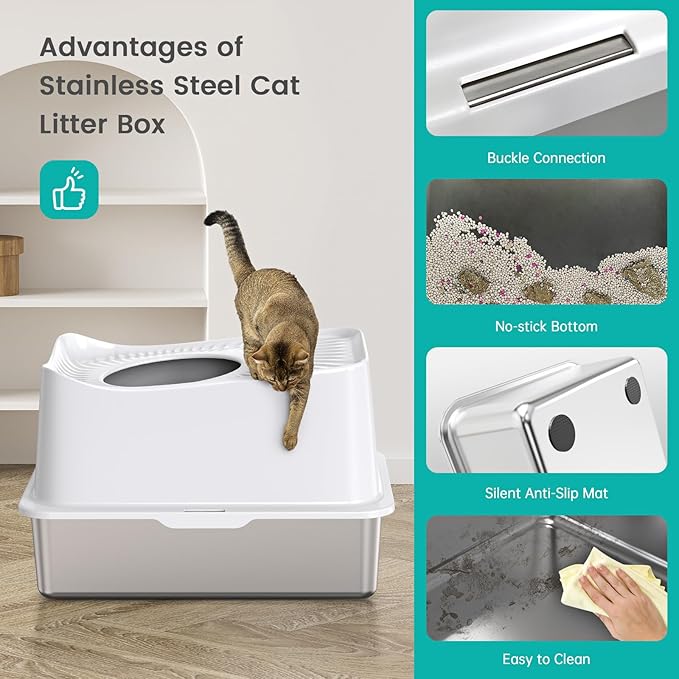 WoofiGo Stainless Steel Cat Litter Box, Large Top Entry Litter Box for Big Cats, Enclosed Kitty Litter Pan with Lid, Metal Cat Box Never Absorbs Odors, Easily Cleaning, Include Scoop