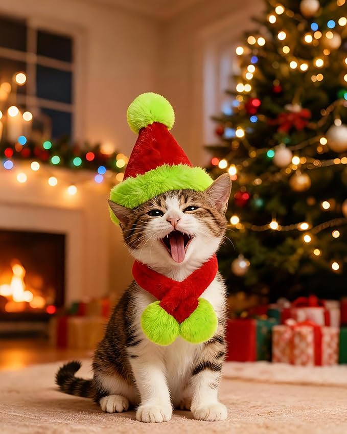 Dog Christmas Hat with Scarf, Cat Santa Hat Soft Plush Dogs Mini Santa Hats Small Dogs or Cats Pet Costumes Goose Cat Christmas Outfit(Green Red, Medium)