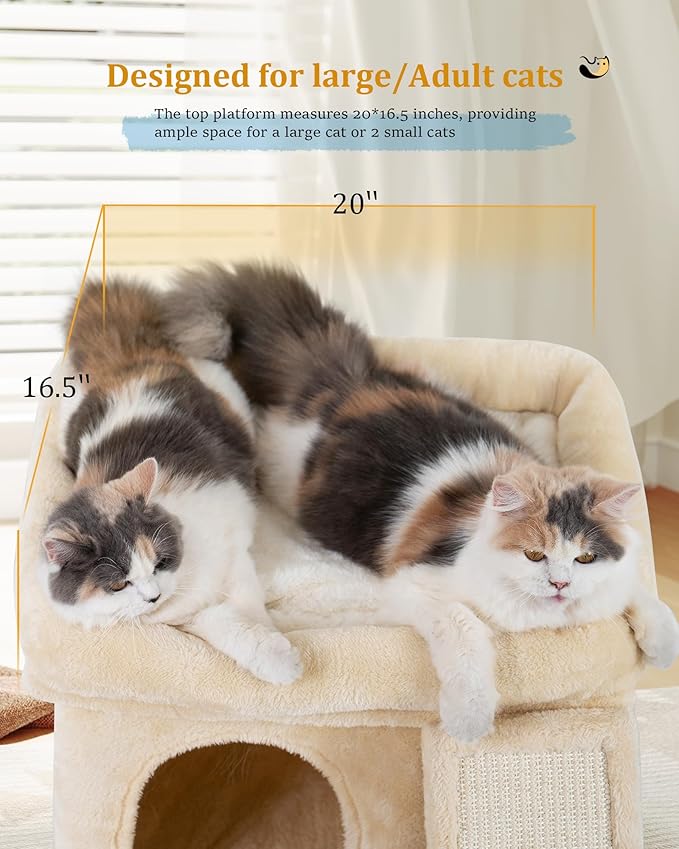 Aechonow Small Cat Tree Tower for Large Cat, Cat Bed House with Large Perch for Adult Cats, 20x16.5 Inch Big Platform for Indoor with Super Cozy Soft Mat, Large Cat Condo with Scratching Post, Beige