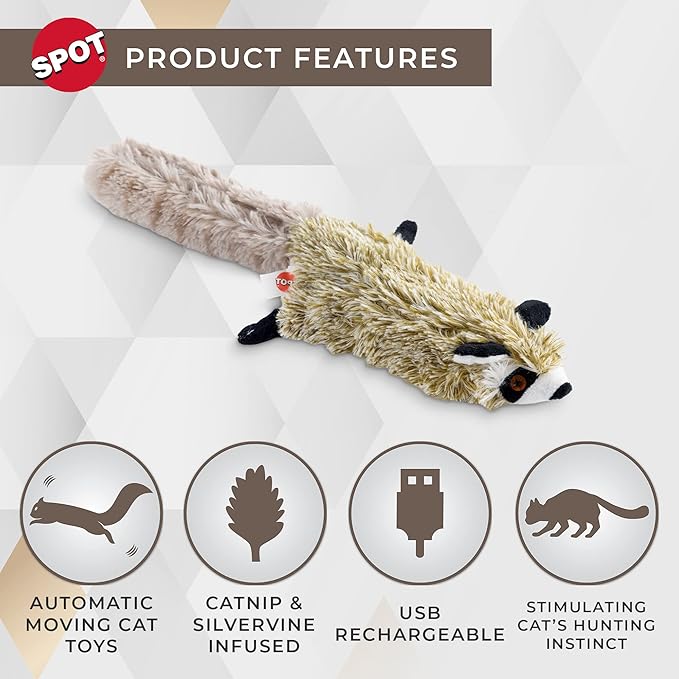 SPOT Flippin’ Skinneeez Raccoon Cat Toy with Catnip – Realistic Flopping Design, Touch-Activated Movement and Sounds, USB Rechargeable, Perfect for Indoor Cats, 15-Inch