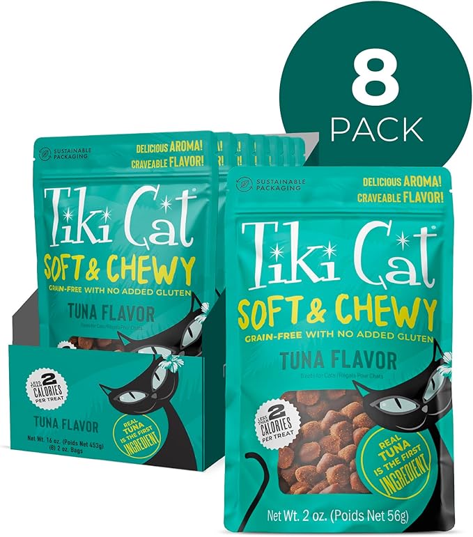 Tiki Cat Soft & Chewy Grain Free Dry Cat Treats, Tuna, 2 oz. Pouch (8 Count)