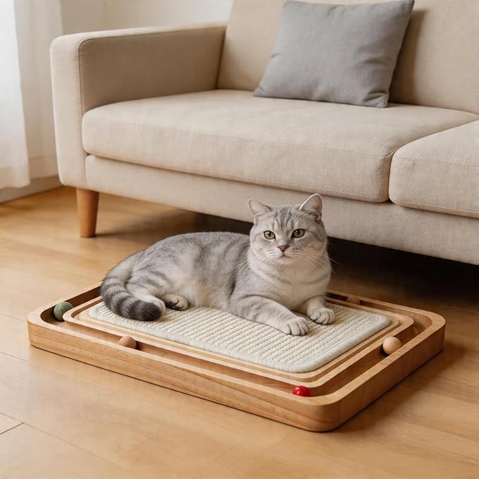 Cat Scratching Pad with Ball Track Toy Interactive Cat Scratcher Board with Rolling Balls Natural Wood Sisal Cat Scratch Pad for Indoor Cats