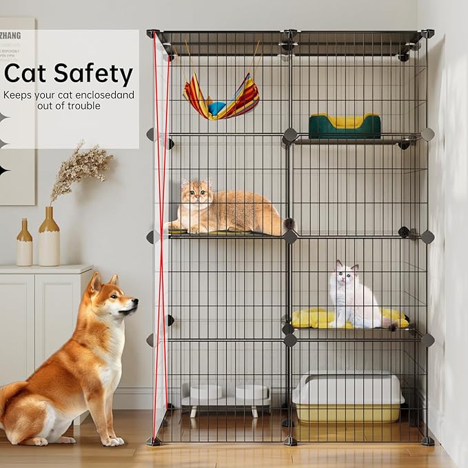 Oneluck 4-Tier Cat Cage for Indoor Cats 47.2-Inch Large Detachable Metal Wire Catio Enclosure Modular DIY Pet Playpen with 3 Platforms and 4 Doors for 1-2 Kittens 31.5 x 23.6 x 47.2 Inches Black