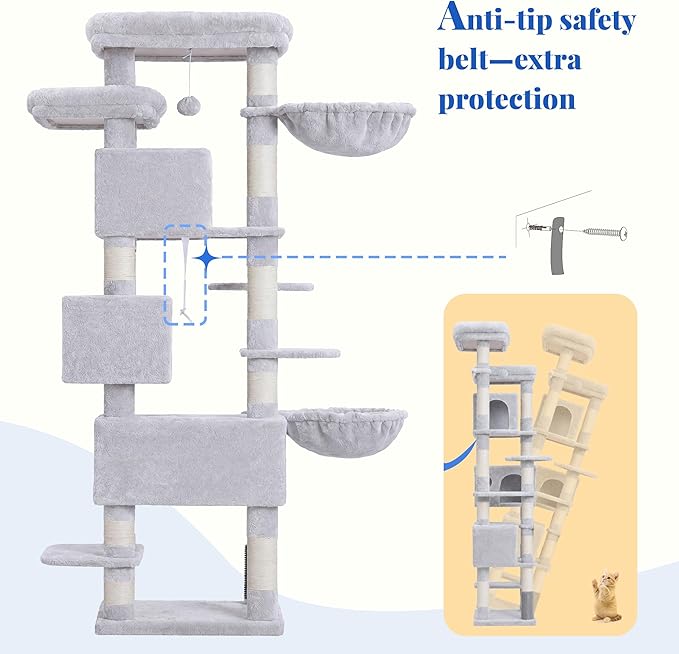 Hey-brother Cat Tree, 74 inches Multi-Level XL Large Cat Tower for Indoor Cats with Three Cat Condos, Two Large Top Decks and Cat Hairbrushfor Kittens, Cats and Pets, Light Gray MPJ035-MW