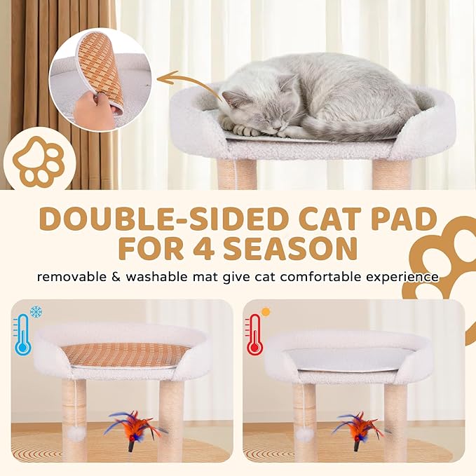 5-in-1 Small Wooden Cat Tree Tower,16.5''H Natural Sisal Cat Scratching Post Climbing Tower with Bed,Interactive Cat Feather Toy,Ball Track Toy for Kittens and Indoor Cats,White
