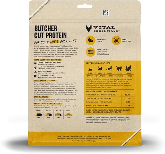Vital Essentials Freeze Dried Cat Food, Raw Duck Mini Patties | Complete Meal or Topper | Easy to Portion and Rehydrate | High Protein, Grain Free Dry Cat Food | 8 oz Bag