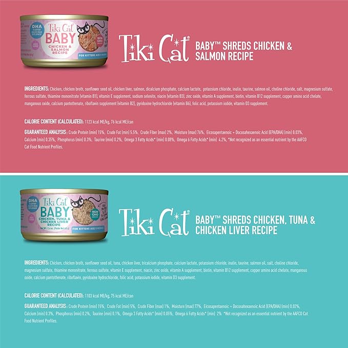 Tiki Cat Baby Wet Cat Food for Kittens, Shreds Variety Pack 2.4 oz. Cans (12 Count)