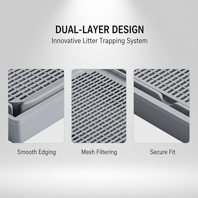 Odor Control Cat Litter Mat, Double Layer Trapper Pad, 16.5 X 11.2 X 0.8 in, Light Grey, Anti-Slip Plastic,