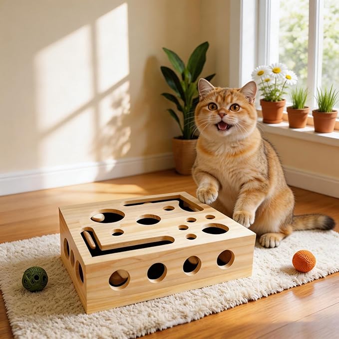 Cat Nail File Scratcher, Cats Claw Saver Box with 3 Balls, Large Solid Wood Construction Cat Nail File Enrichment Box with Sandpaper Inside,Alternative to Nail Clippers