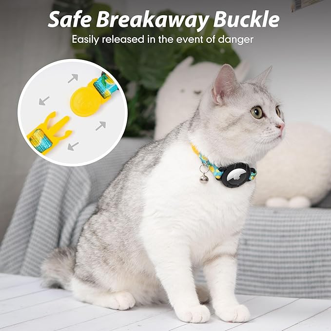 azuza AirTag Cat Collar Breakaway, Integrated Cat Collar with Air Tag Holder Safety Lightweight GPS Tracker Holder for Cats, Lemon, Cats (8-12inch)