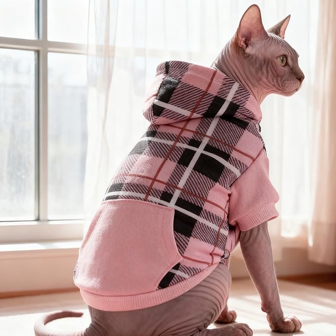 EXPAWLORER Plaid Cat Hoodie - British Style Warm Cat Sweater Shirt with Leash Hole,Pet Clothes Outfits,Winter Coat Apparel for Puppy Cats Girl Boy-Kitten Apparel,Pink S