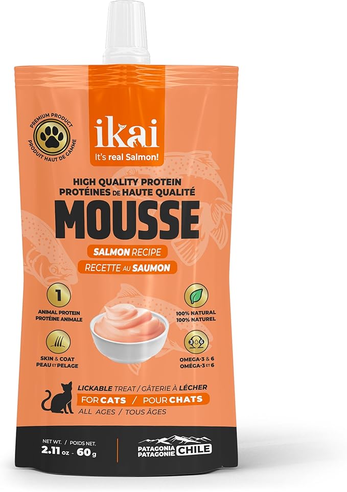 IKAI - Lickable Wet Cat Treats - Patagonian Salmon from Chile, No By-Products, Highly Digestible Protein, with Omega 3 & 6 for Healthy Skin & Glossy Coat - 2.11 oz (16 Pack, Salmon)