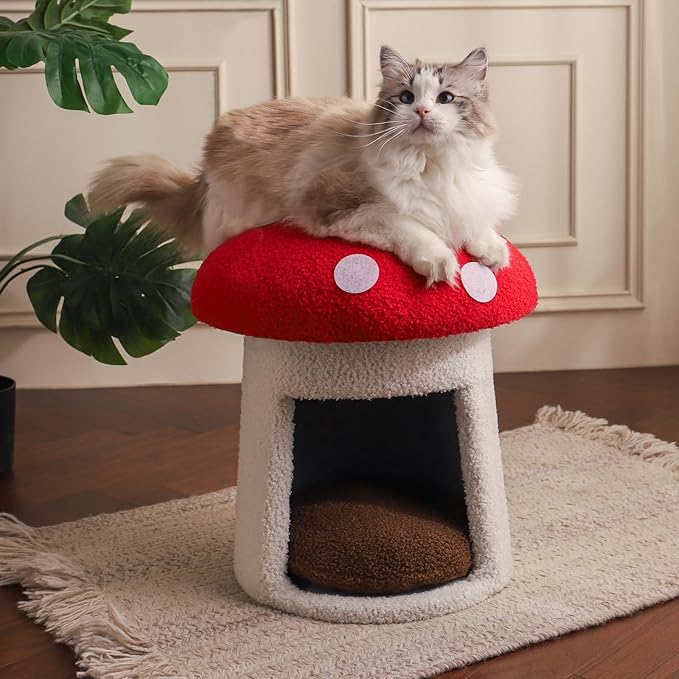 Mushroom Cow Cat Bed House for Indoor Cats & Small Dogs - Soft Cave-Style Pet Nest with Removable Washable Cushion, Plush Semi-Enclosed Cat Cave Tent, (red and White, Sturdy)