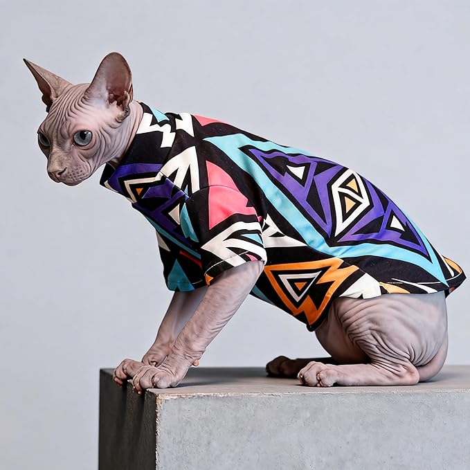 Sphynx Cat Clothes Shirts for Hairless Cat,Graphics Printed Kitten Apparel Clothes for Cats Only,Soft Sphinx T-Shirts Sweatshirt with Sleeves for Cornish Rex, Devon Rex,Geo Pop,L