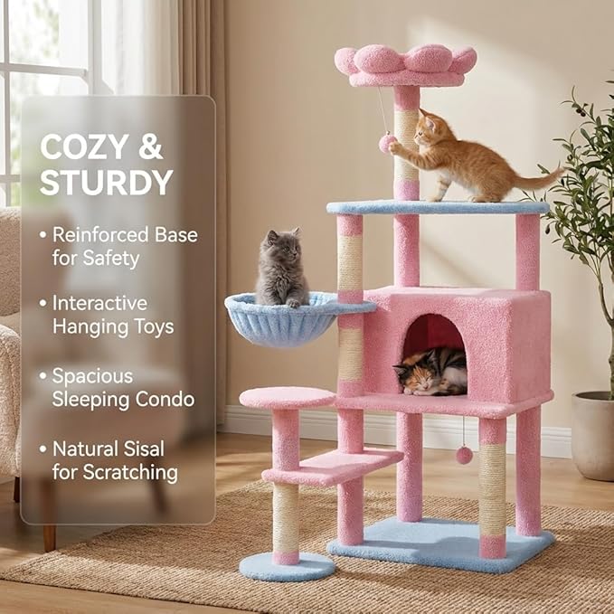 Flower Cat Tree 56 Inches，Large Cat Tower with Detachable Flower Cushions and Hiding Condo, Pink Cat Tree with Hammock Bed, Interactive Toys and Scratching Posts for Indoor Cats