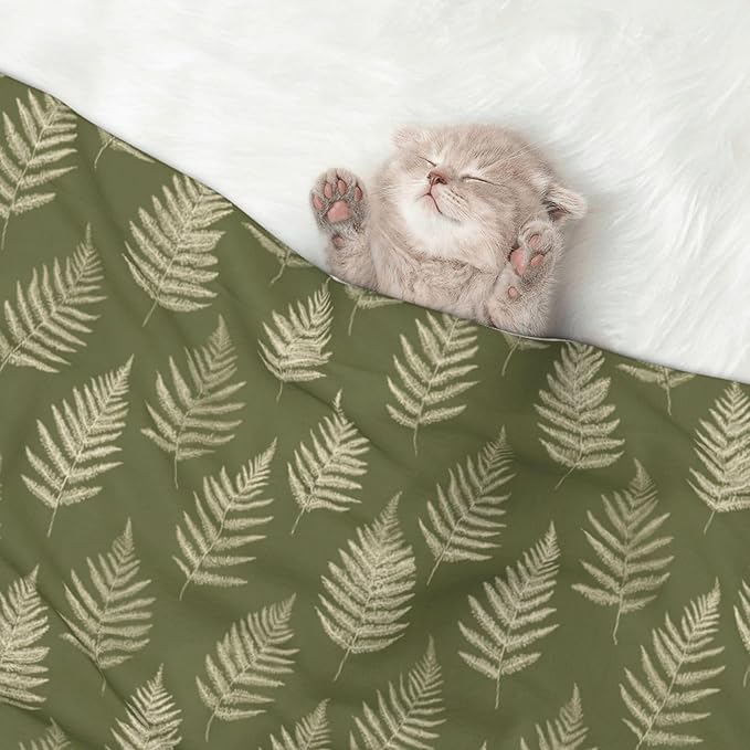 Cat Dog Blanket Cream Fern Sketches On Olive Green Ultra Soft Warming Mat for Indoor Pet Beds Furniture 27.6 X 19.7inch