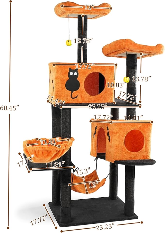 61" Halloween Cat Tree, Large Cat Tower with 2 Spacious Cat Condos, 2 Padded Perches, 2 Hammocks, Scratching Posts, Hanging Toy, Multi-Level Cat Activities Furniture for Large Cats (58 * 44 * 155CM)