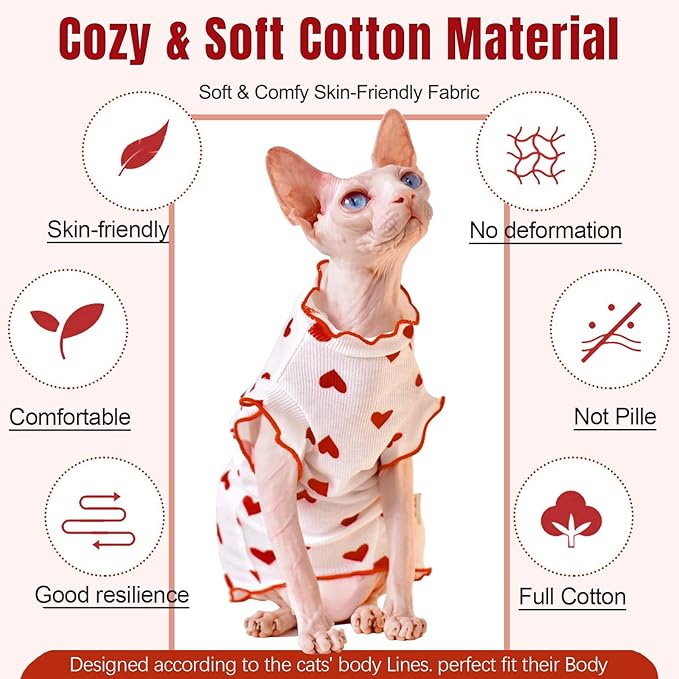 DENTRUN Heart Pattern Sphynx Hairless Cats Shirt, Kitten T-Shirts with Perlin Sleeves, Breathable Cat Wear Cute Sweater Adorable Hairless Cat's Clothes Vest Pajamas Jumpsuit