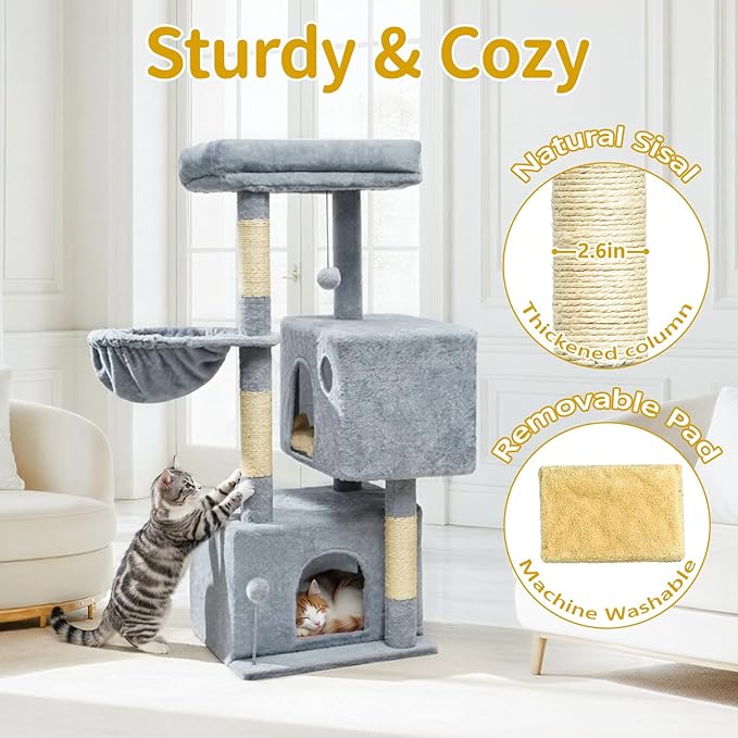 Cat Tree Tower House Condo Small Scratching Post, 40" Corner Kitty Climbing Stand with Hammock for Indoor, Medium Modern Carpet Bed Platform for Kittens, Simple Apartment Cat Furniture