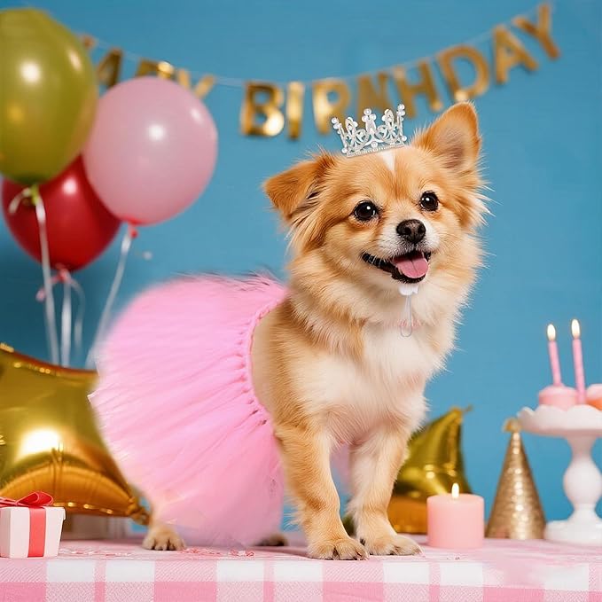 Pet Costume Set Tutu Skirt with Pearl Crown for Small Dog Cat Halloween Birthday Wedding Photo Prop Costume
