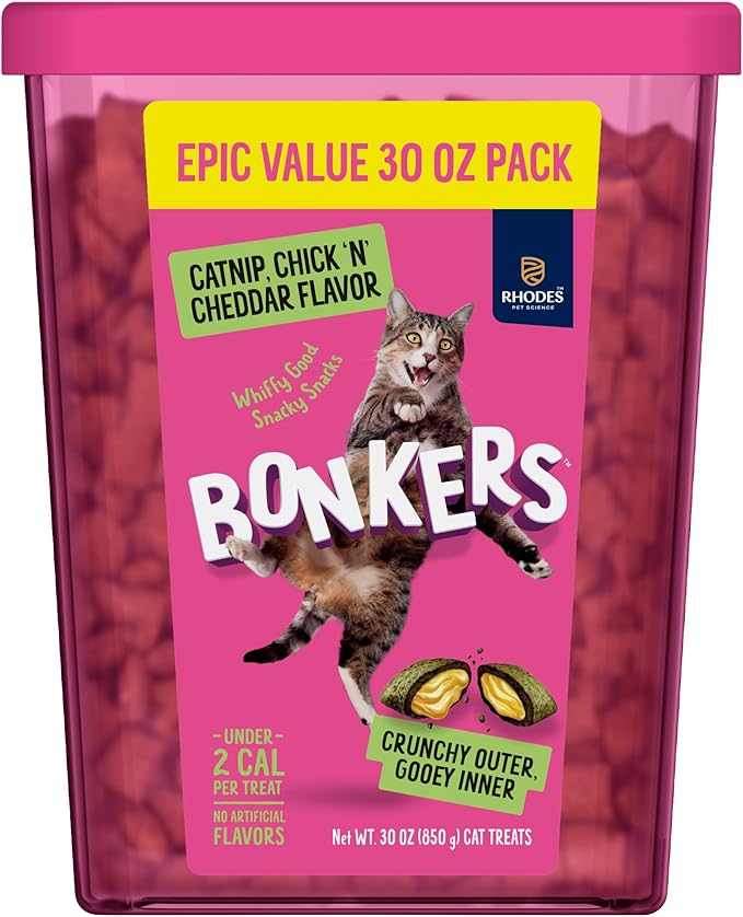 Bonkers Bites Catnip & Chick 'N' Cheddar Flavor Crunchy & Soft Treats for Cats, 30oz Tub