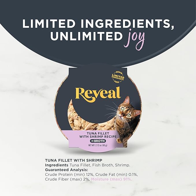 Reveal Natural Wet Cat Food, Limited and Natural Ingredients, Grain Free, High Protein with No Artificial Additives, Tuna Fillet with Shrimp in Broth (18 x 2.12 oz Easy Peel Pots)