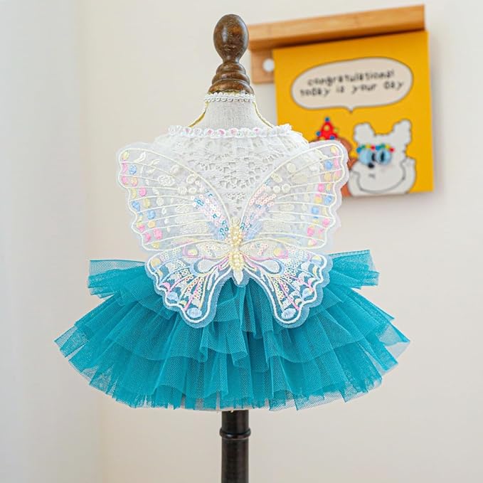 Fairy Dog Dress for Small Dogs & Cats, Lake Blue Princess Outfit with Embroidered Butterfly Wings, Lace Top & Soft Tulle Skirt, Snap Closure (XL)