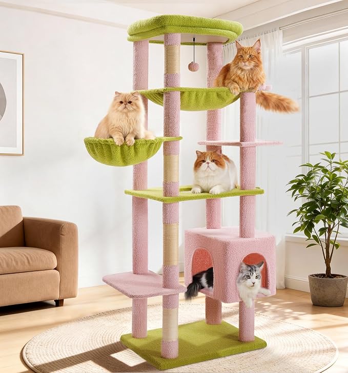 Made4Pets Tall Cat Tree, 71 Inches Cat Tree Tower for Indoor Cats Large Adult, Plush Multi-Level Cat Tower with 5 Scratching Posts, 2 Hammock, Condo and Perch, Big Cat House Indoor, Pink