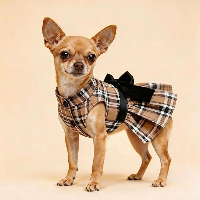 Classic Plaid Dog Dress with Bow Tie for Small Dogs Cats Girls, Cute Puppy Dresses Clothes with Bowknot Chihuahua French Bulldog Pet Apparel Outfits (Chestnut Brown, Medium)