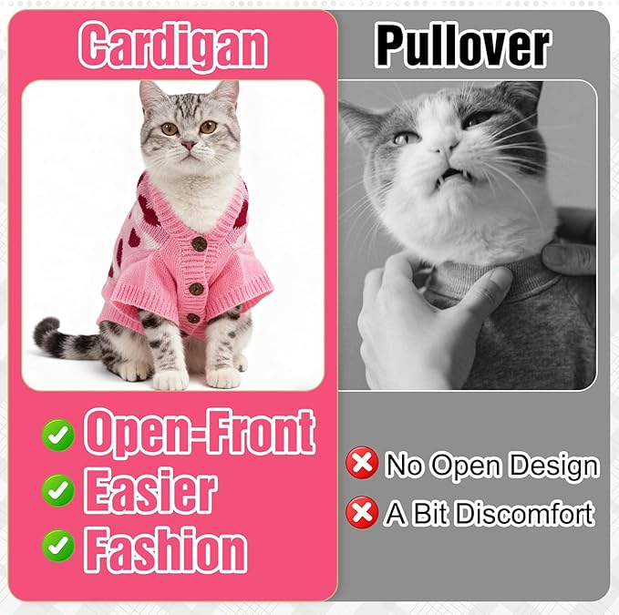 EXPAWLORER Cat Valentines Outfit Sweater Cardigan - Valentine's Day Knit Cat Clothes, Soft Puppy Sweater with Sleeve, Cute Warm Pet Clothing Knitwear, Kitten Coat for Girl Boy Cats, Love Heart S