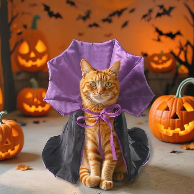 Qiansail Cat Cape Vampire Cloak Halloween Dog Costume Pet Cosplay Apparel Outfit Decor Accessories for Puppy Kitten (Black&Purple)