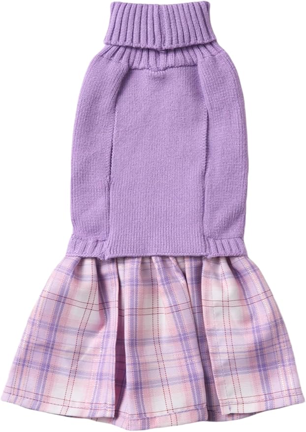 Purple Knitted Dog Sweater Dress, Pink Plaid Dog Winter Clothes Dresses for Dogs Girl, Dachshund Doggy Pet Apparel, Large (L)