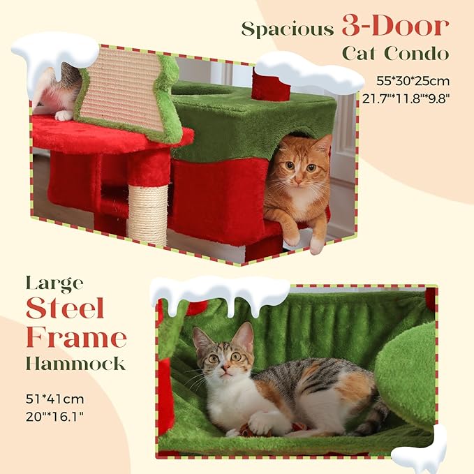 PAWZ Road Christmas Cat Tree, 72 Inches Tall Cat Tower with 2 Perches, 2 Condos and Spacious Hammock, Attractive Cat House with Xmas Tree Scratcher, 7 Scratching Posts for Large Cats