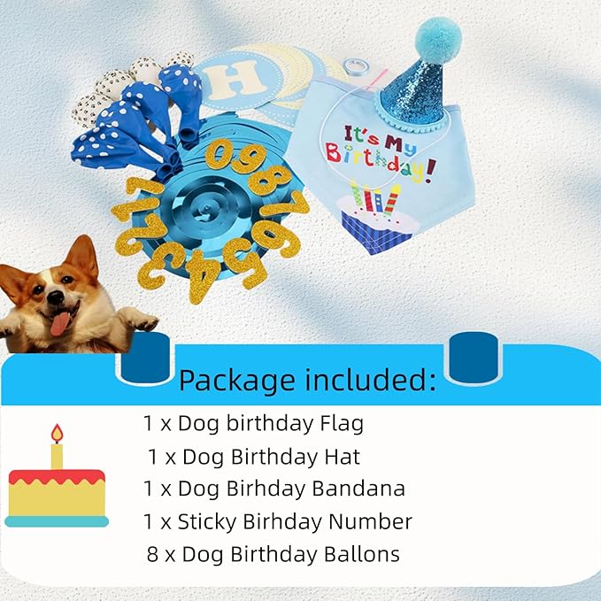 Dog Birthday Party Supplies with Bandana and Party Hat with Numbers, Happy Party Banner and Bollon for Small Middle Dogs Blue Birthday Boy Girl Scarf (Blue)