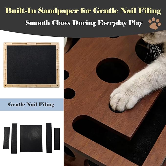 Cat Nail File Puzzle Enrichment Box, Wooden Cat Scratch Puzzle Box with Sandpaper Inside, Cat Scratch Puzzle Enrichment Box Nail File, Stress-Free Alternative to Clippers and Grinders for Indoor Cats