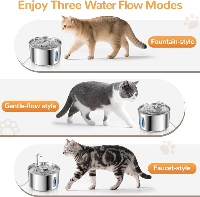 Cat Water Fountain Stainless Steel,135oz/4L,with Adjustable Pump & 3 Flow Modes, Ultra-Quiet Automatic Dog Water Dispenser with 20 Filters, Large Capacity Water Fountain for Cats,Dogs,Multiple Pets