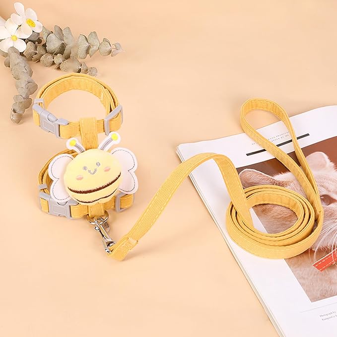 Cat Harness and Leash Set for Outdoor Travel Walking Escape Proof Soft Safe Adjustable Kitten Puppy Small Strap Kitty Cute Bee Wings Yellow M